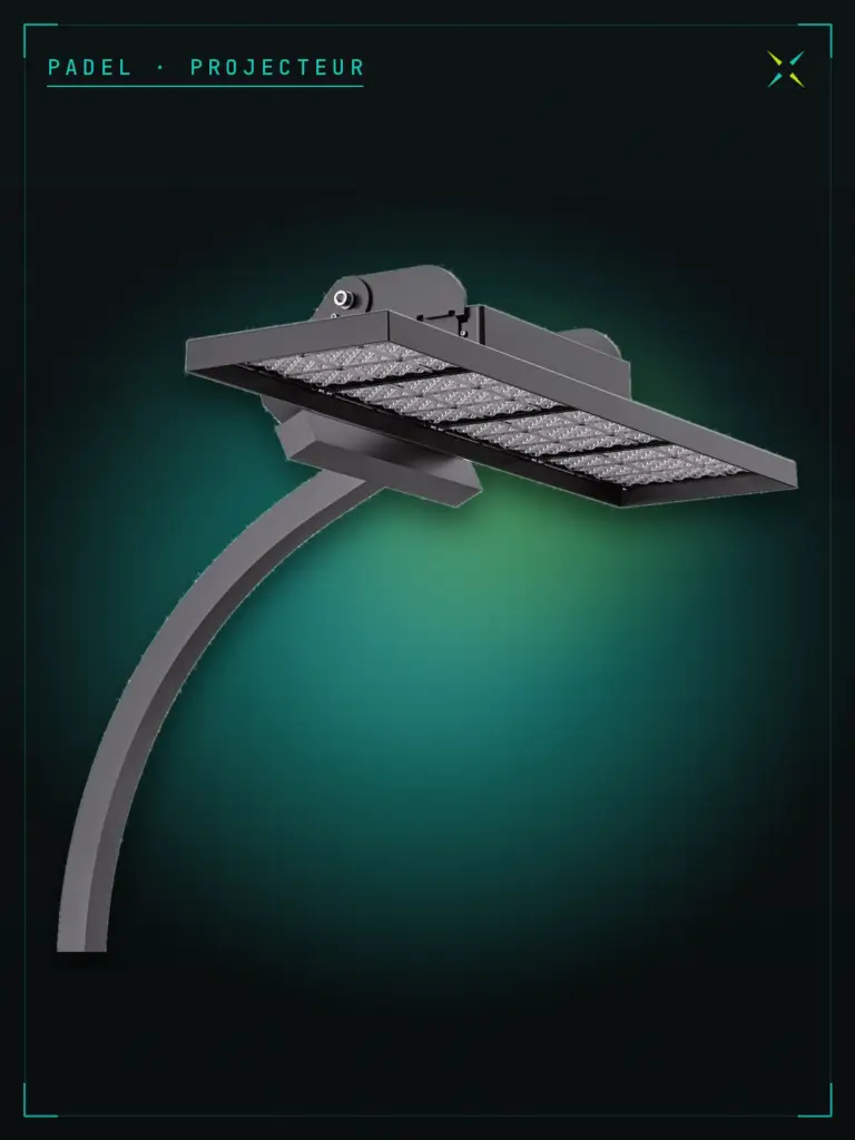 PadLum — projecteur LED de court de padel, optique asymétrique 100×60°
